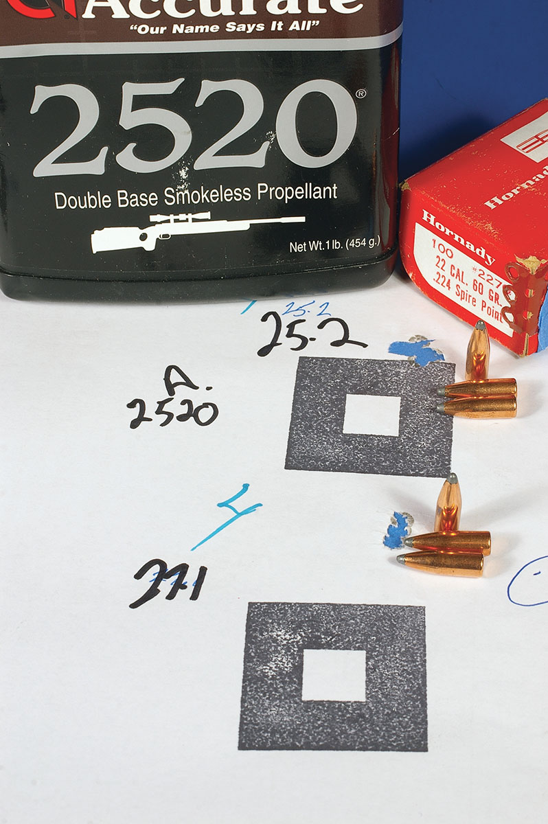 Hornady 60-grain bullets were very accurate fired with A-2520 from increased velocity 223 Remington handloads.